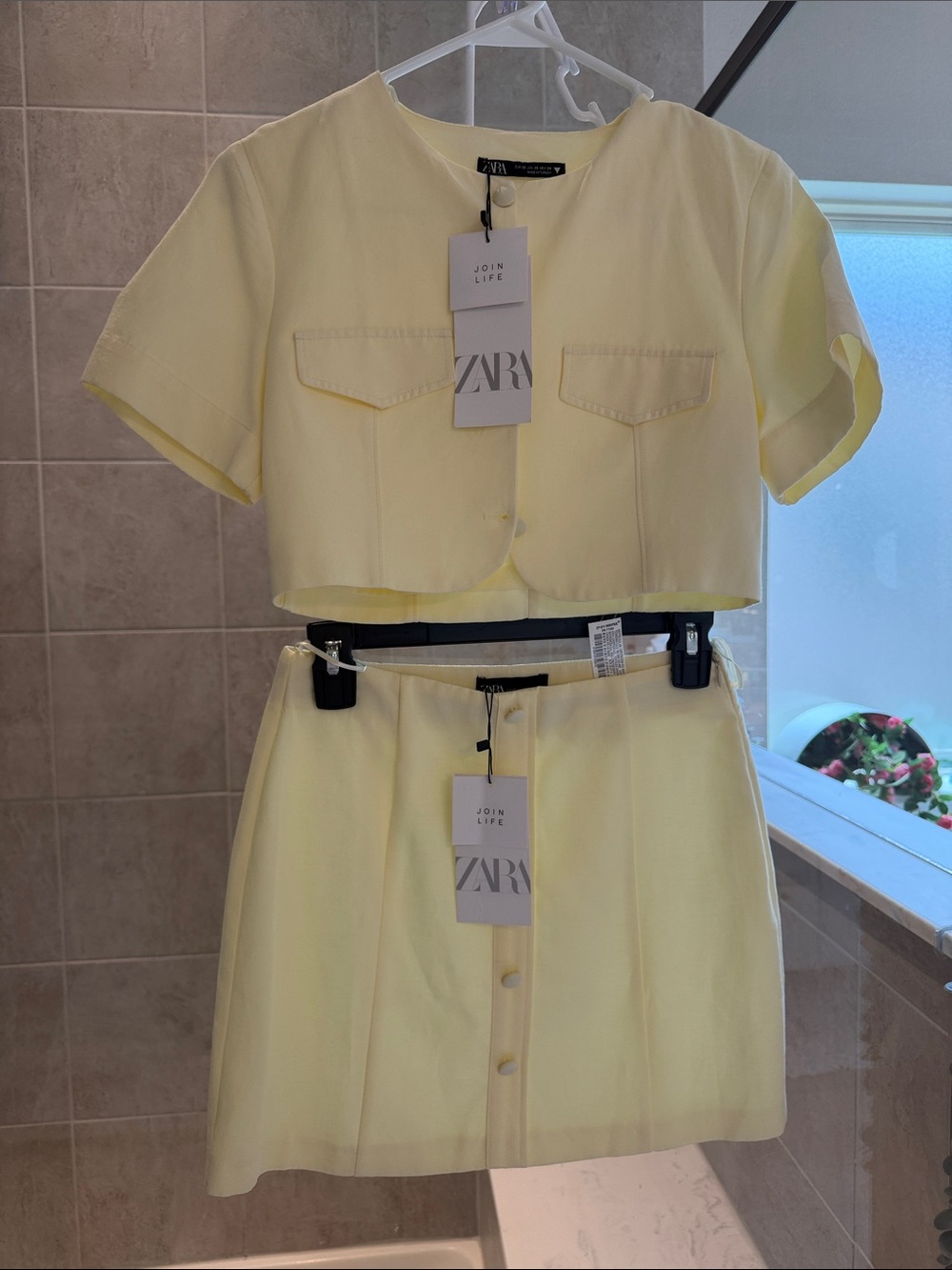 ZARA Pale Yellow Cropped Top & Button-Front Mini Skirt Set